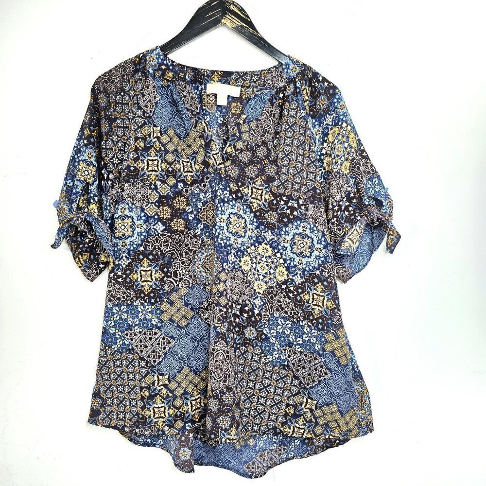 Michael Kors Blue Gold Paisley Mandala V Neck Relaxed Fit High Low Top
